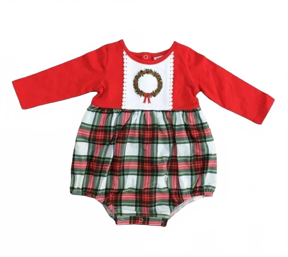 NEW SERENDIPITY girl's xmaswreath romper in red/plaid